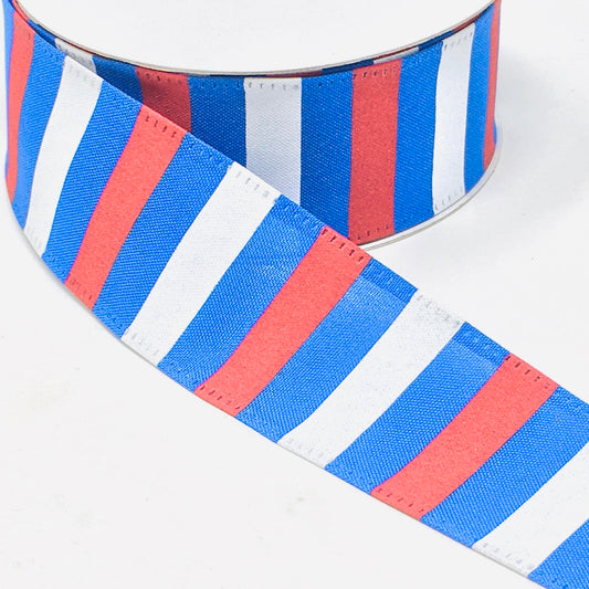 10 Yards - 1.5” Wired Red, White, and Royal Blue Patriotic Stripe Ribbon