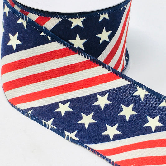 10 Yards - 2.5” Wired Patriotic Red, Cream, and Navy Blue Flag Ribbon
