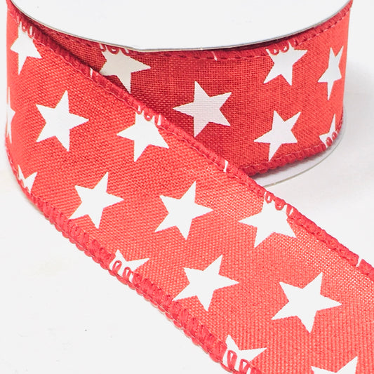 10 Yards - 1.5” Wired Red with White Stars Patriotic Ribbon