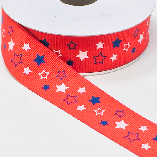 10 Yards - 1” Red with Blue and White Stars Patriotic Ribbon