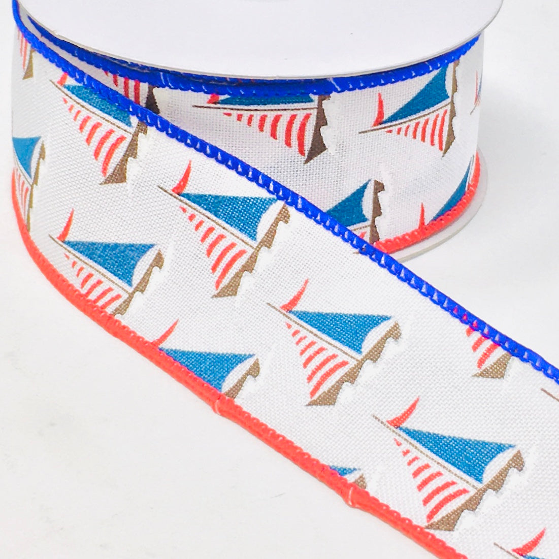 10 Yards - 1.5” Wired Patriotic Sailboat Ribbon