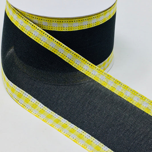 10 Yards - 2.5 Wired Black Ribbon with Yellow and White Check Edge