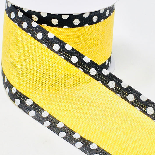 10 Yards - 2.5 Wired Yellow Ribbon with Black and White Polka Dot Edge