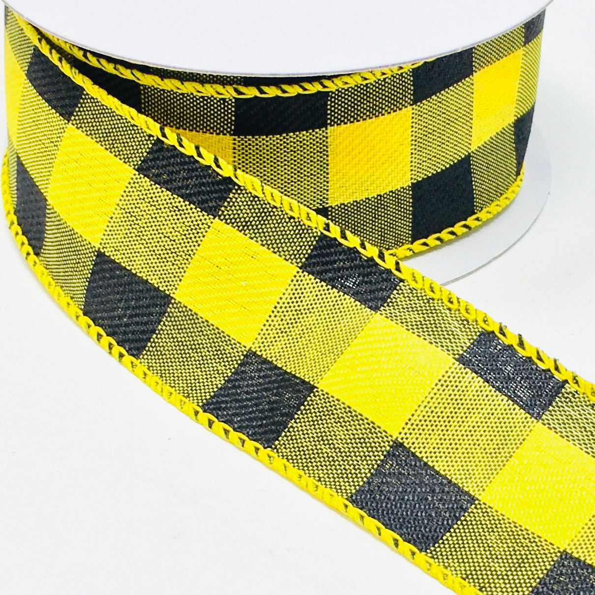 10 Yards - 1.5” Wired Yellow and Black Check Ribbon