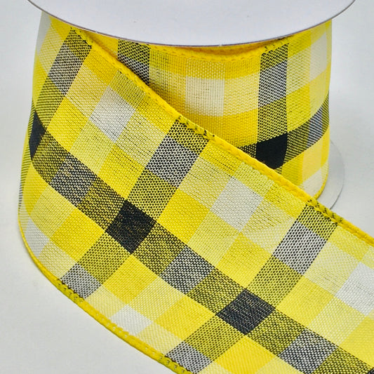 10 Yards - 2.5” Wired Yellow, White, and Black Check Ribbon