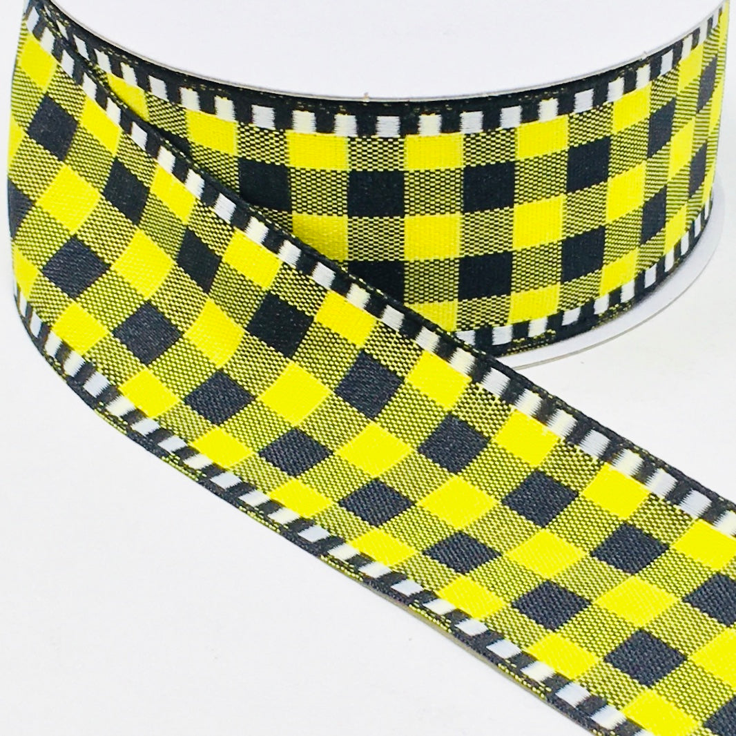 10 Yards - 1.5” Wired Yellow and Black Check Ribbon with Black and White Stripe Edge