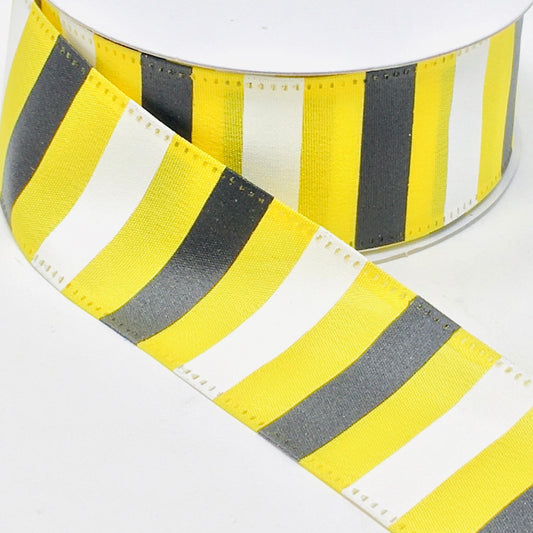 10 Yards - 1.5” Wired Yellow, Black, and White Stripe Ribbon