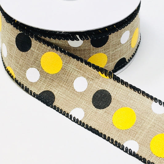 10 Yards - 1.5 Wired Natural, Yellow, and Black Polka Dot Ribbon