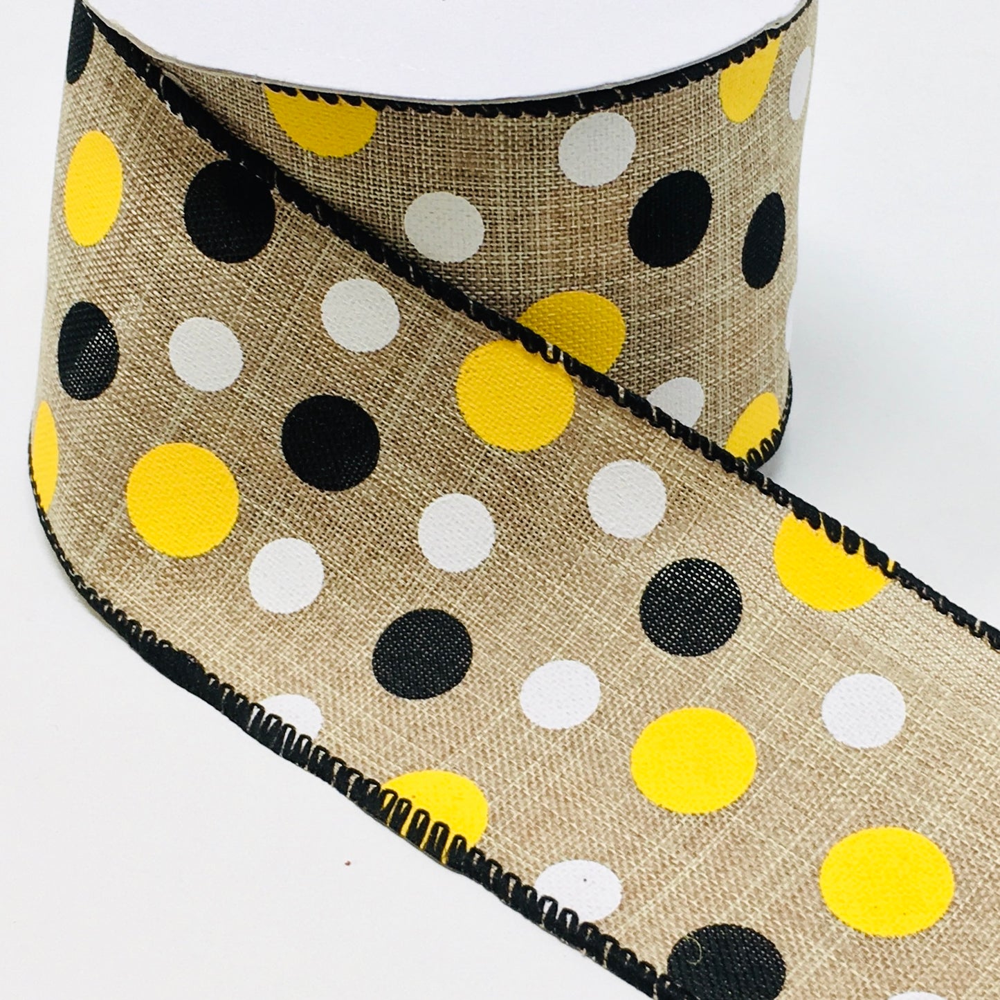 10 Yards - 2.5 Wired Natural, Yellow, and Black Polka Dot Ribbon