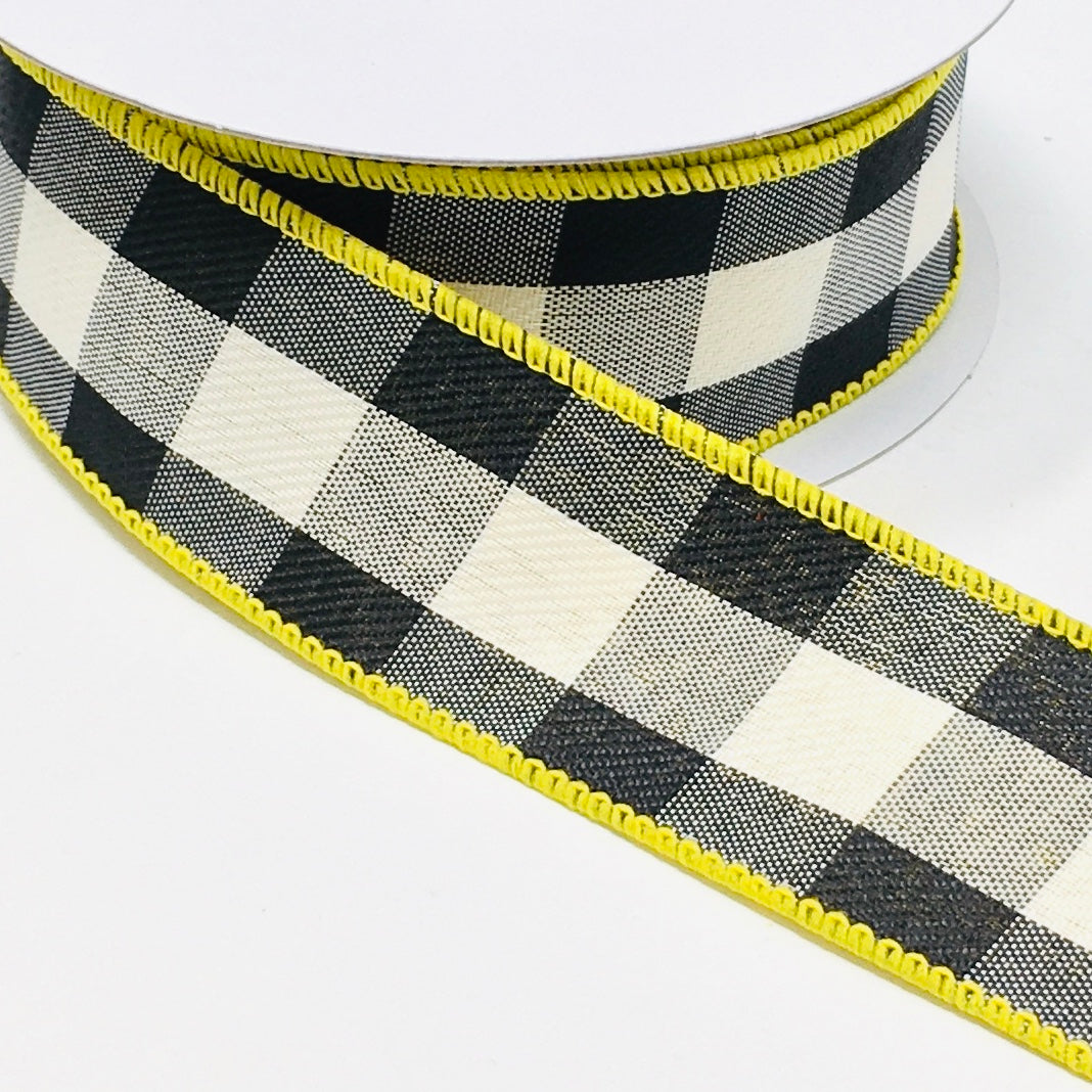 10 Yards - 1.5 Wired Yellow, Black, and White Check Double-Sided Ribbon