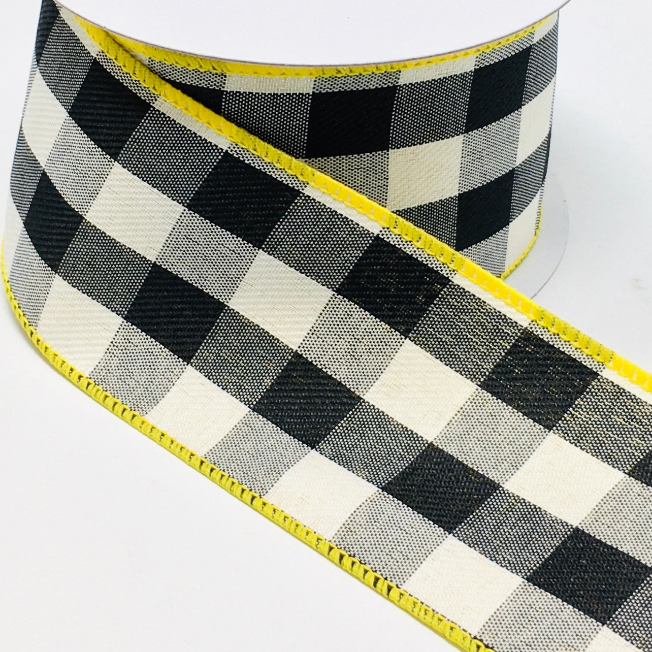 10 Yards - 2.5” Wired Yellow, Black, and White Check Double-Sided Ribbon