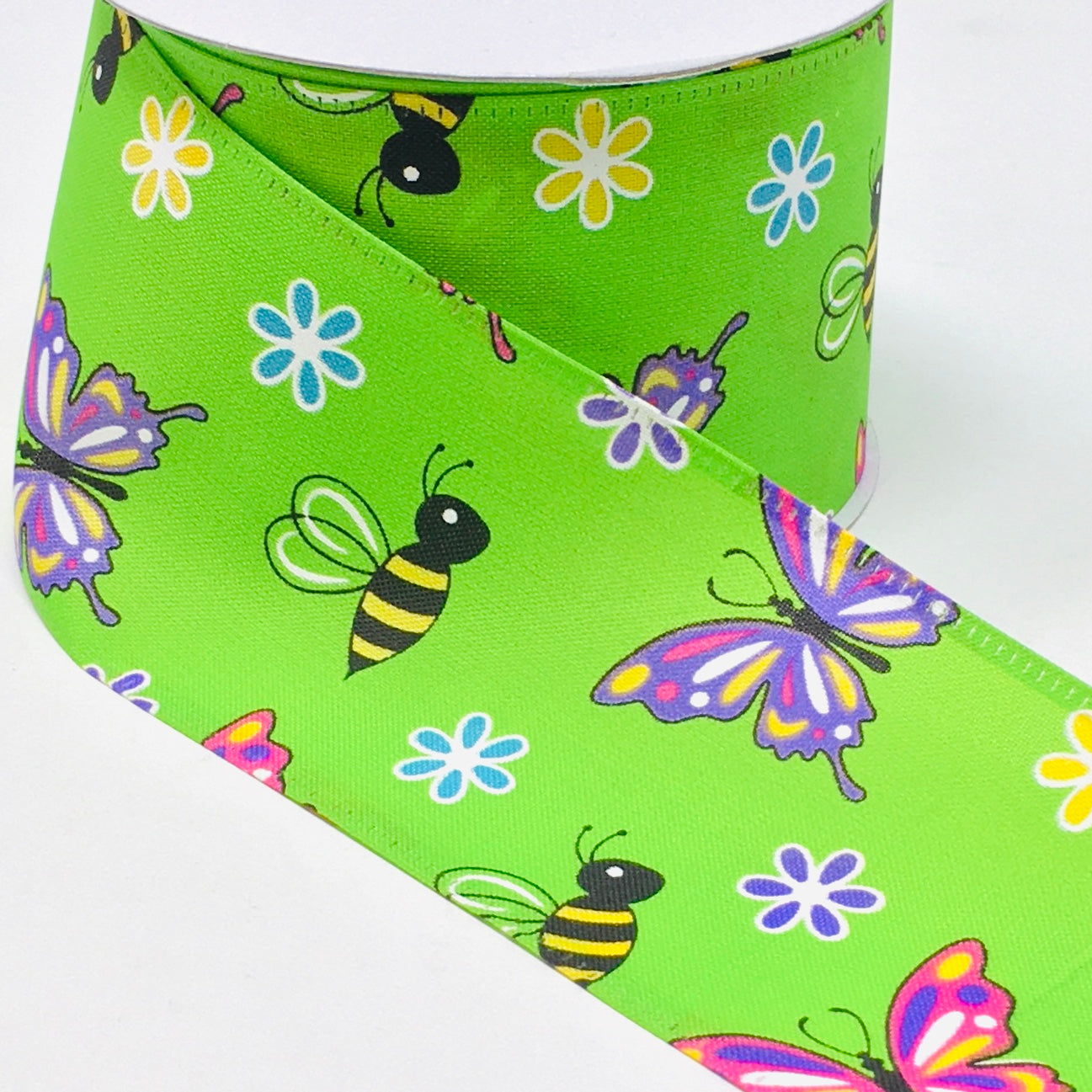 10 Yards - 2.5” Green Background Butterfly, Bumblebee, and Flower Ribbon