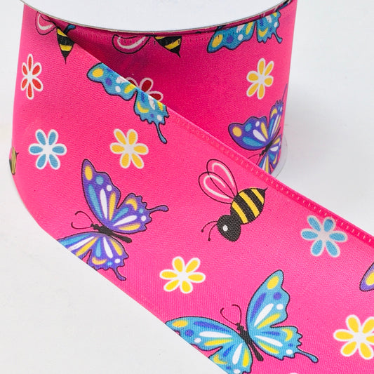 10 Yards - 2.5” Fuschia Background Butterfly, Bumblebee, and Flower Ribbon