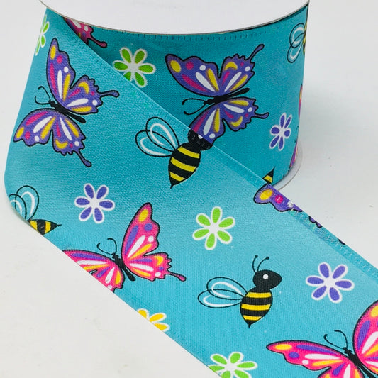 10 Yards - 2.5” Blue Background Butterfly, Bumblebee, and Flower Ribbon