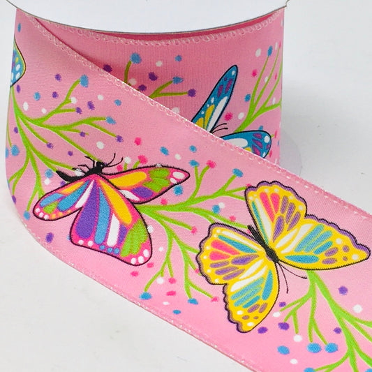 10 yards - 2.5” Pink Background Butterfly Ribbon with Iridescent Edge