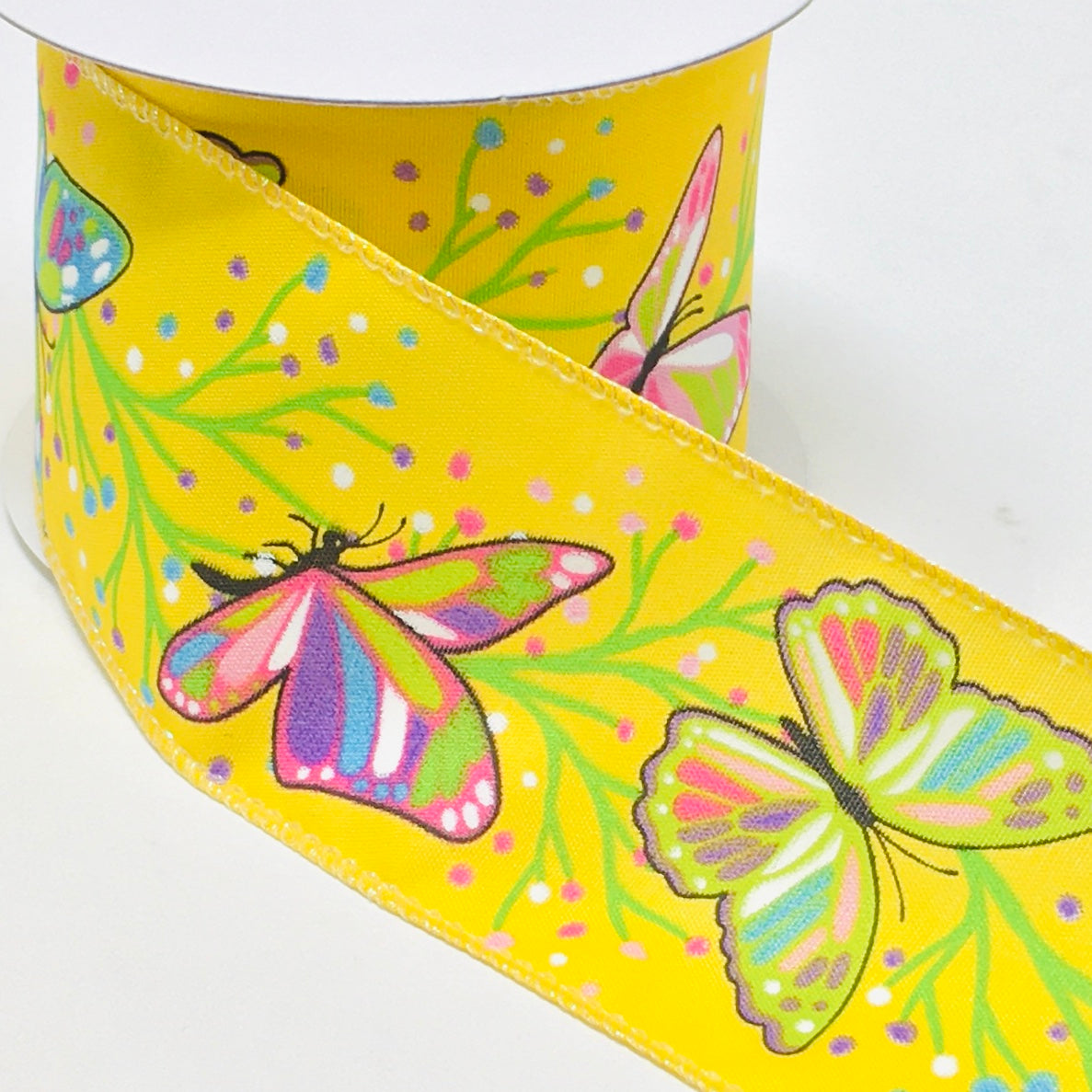 2 Butterfly Ribbons 10 Yards - 2.5” Yellow Background Butterfly Ribbon with Iridescent Edg ...