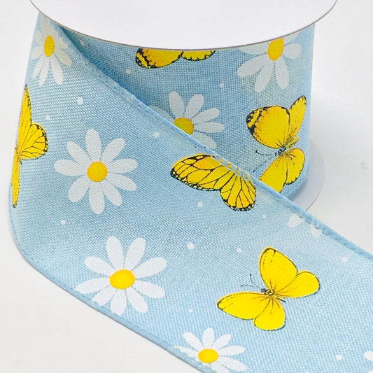 10 Yards - 2.5" Light Blue Ribbon with Butterflies and Daisies