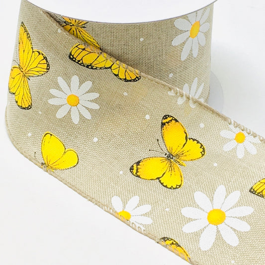 10 Yards - 2.5" Natural Ribbon with Butterflies and Daisies