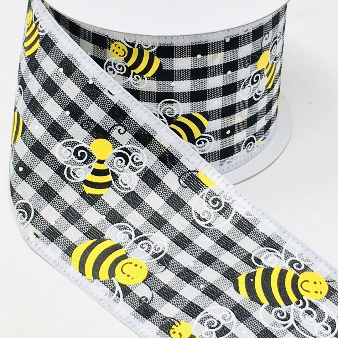 10 Yards - 2.5” Wired Black and White Check Bumblebee Ribbon