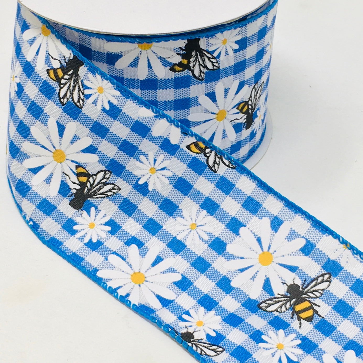 10 Yards - 2.5” Wired Blue and White Gingham Check Bumblebee Daisy Ribbon