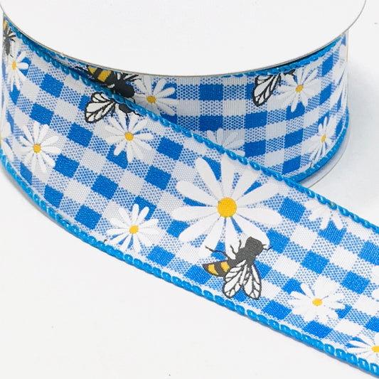 10 Yards - 1.5” Wired Blue and White Gingham Check Bumblebee Daisy Ribbon