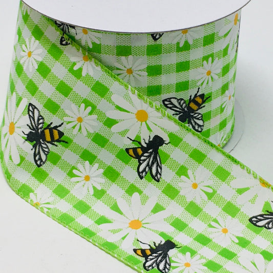 10 Yards - 2.5” Wired Lime Green and White Gingham Check Bumblebee Daisy Ribbon