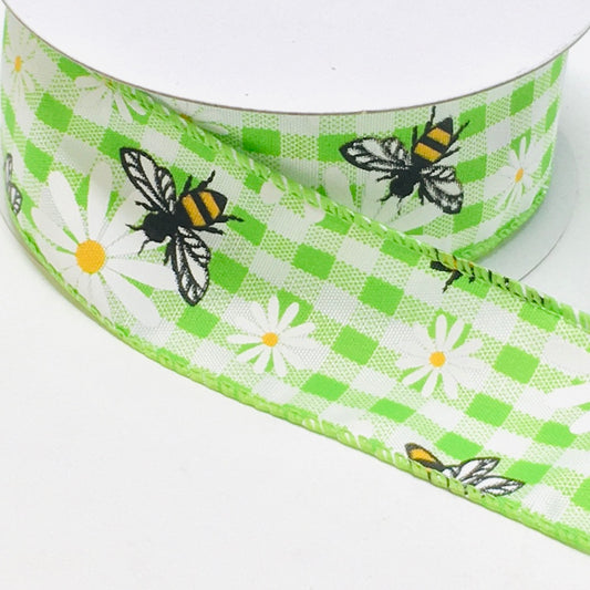 10 Yards - 1.5” Wired Lime Green and White Gingham Check Bumblebee Daisy Ribbon