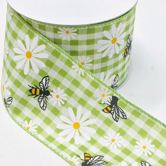 10 Yards - 2.5” Wired Green and White Gingham Check Bumblebee Daisy Ribbon