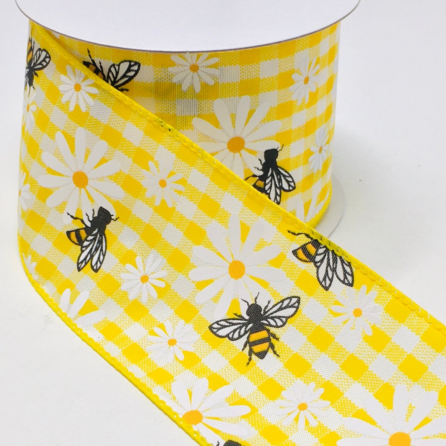 10 Yards - 2.5” Wired Yellow and White Gingham Check Bumblebee Daisy Ribbon