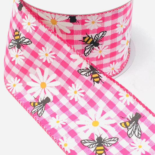 10 Yards - 2.5” Wired Fuschia and White Gingham Check Bumblebee Daisy Ribbon