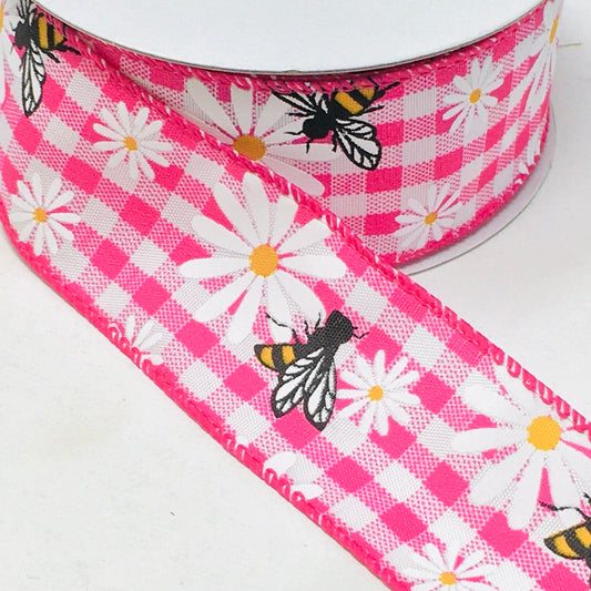 10 Yards - 1.5” Wired Fuschia and White Gingham Check Bumblebee Daisy Ribbon