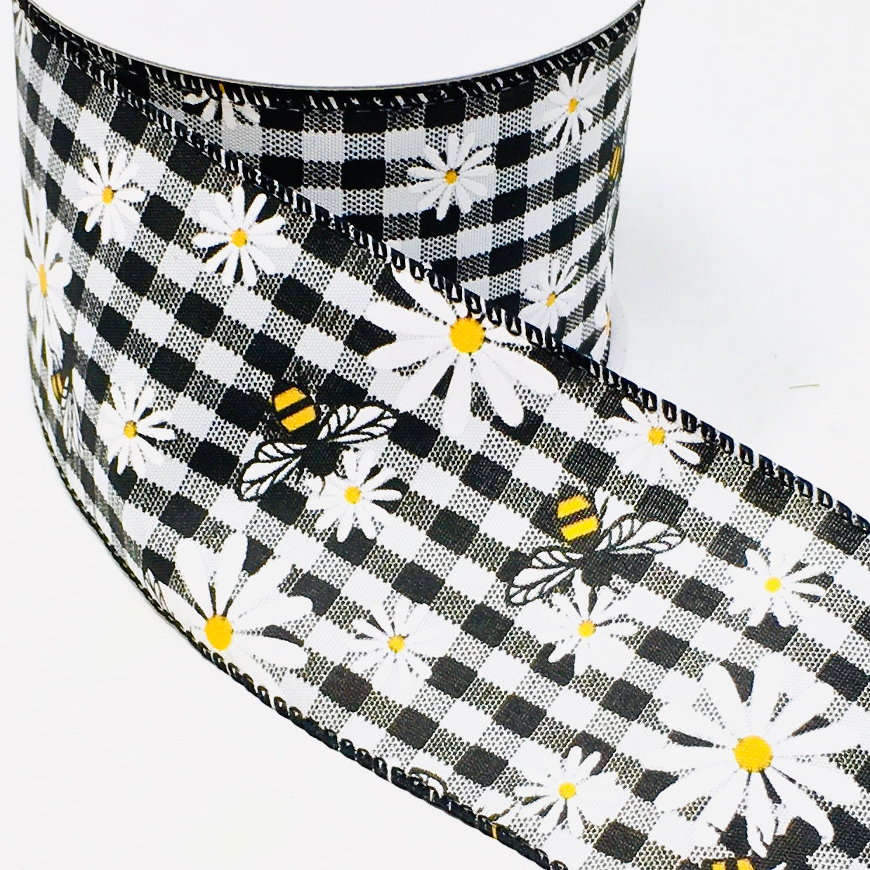 10 Yards - 2.5” Wired Black and White Gingham Check Bumblebee Daisy Ribbon