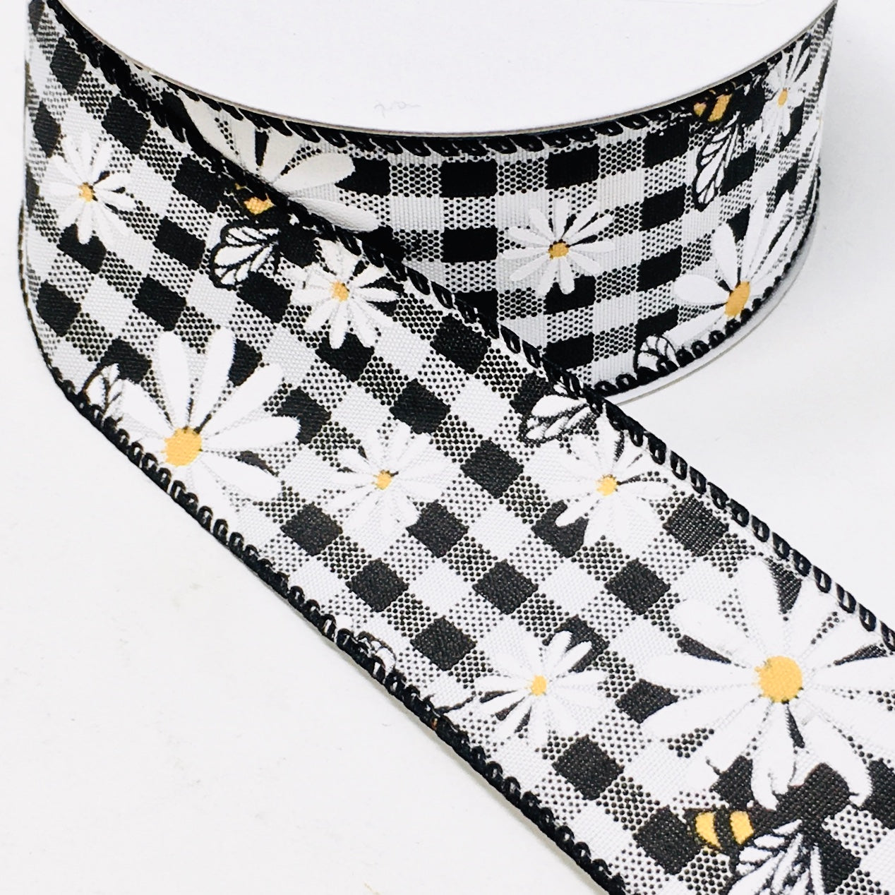 10 Yards - 1.5” Wired Black and White Gingham Check Bumblebee Daisy Ribbon