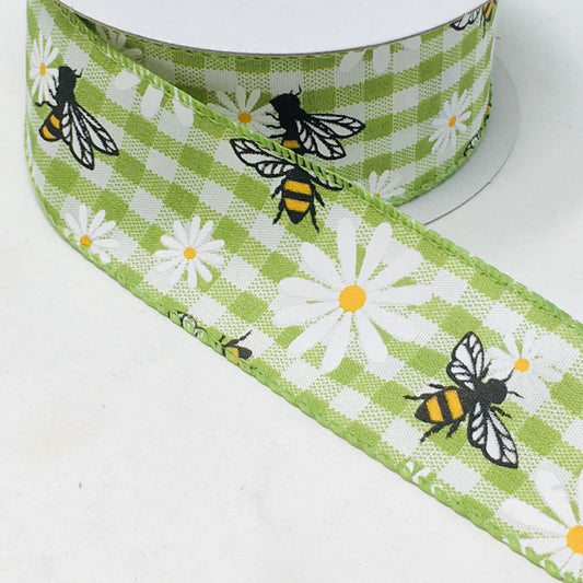 10 Yards - 1.5” Wired Green and White Gingham Check Bumblebee Daisy Ribbon