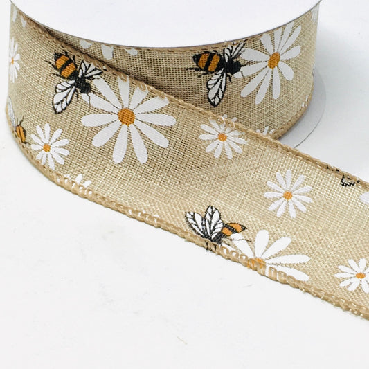 10 Yards - 1.5” Wired Natural Background Bumblebee Daisy Ribbon