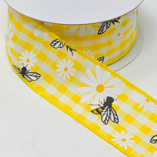 10 Yards - 1.5” Wired Yellow and White Gingham Check Bumblebee Daisy Ribbon