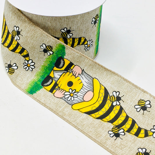 10 Yards - 2.5” Wired Natural Background Bumblebee Gnome Ribbon