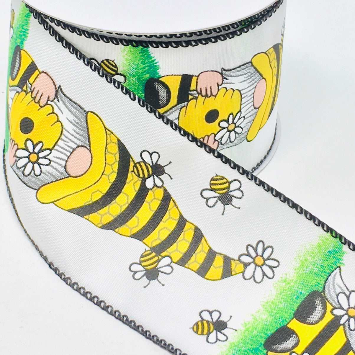 10 Yards - 2.5” Wired White Background Bumblebee Gnome Ribbon