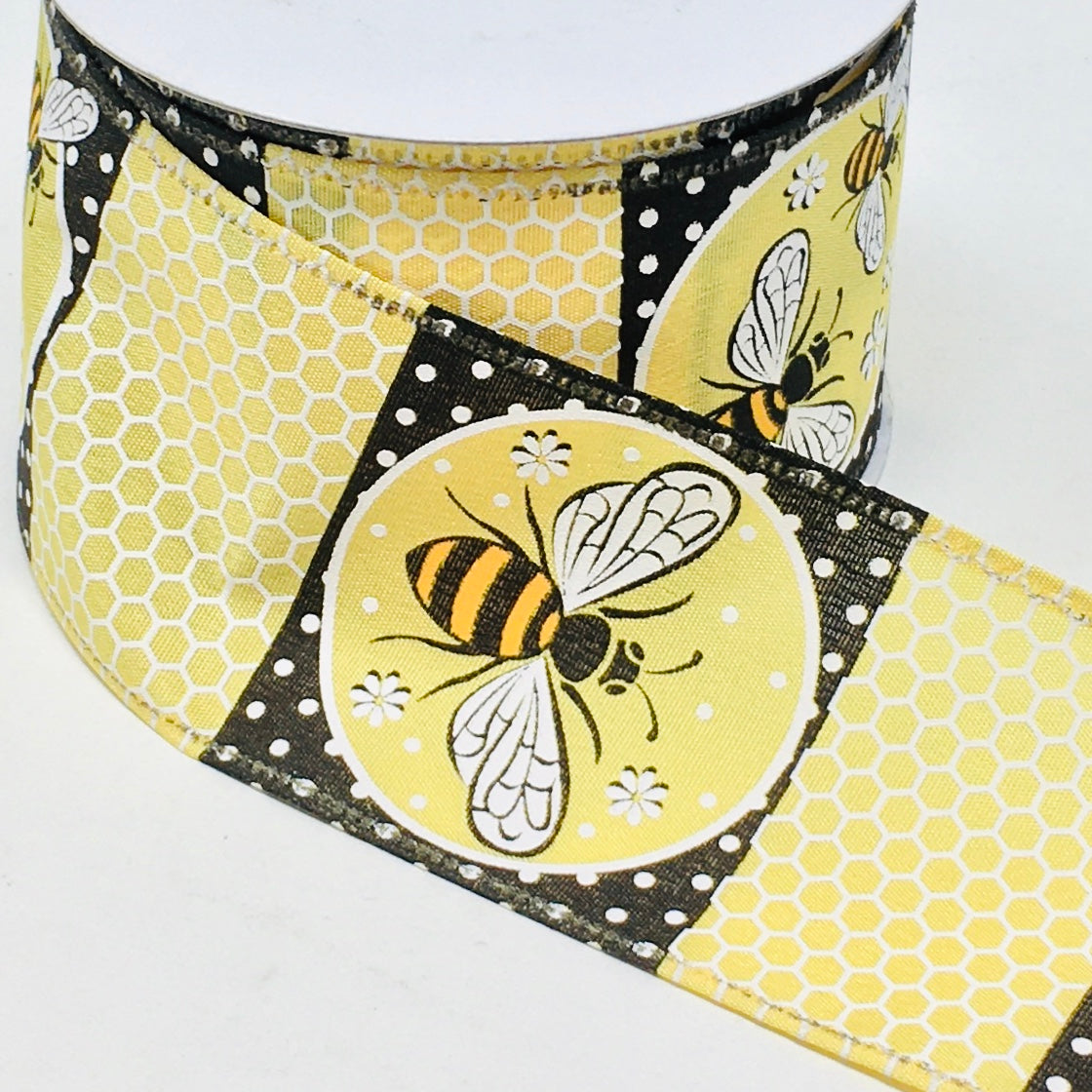 10 Yards - 2.5” Wired Black and Yellow Bumblebee Honeycomb Block Ribbon