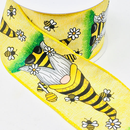 10 Yards - 2.5” Wired Yellow Background Bumblebee Gnome Ribbon