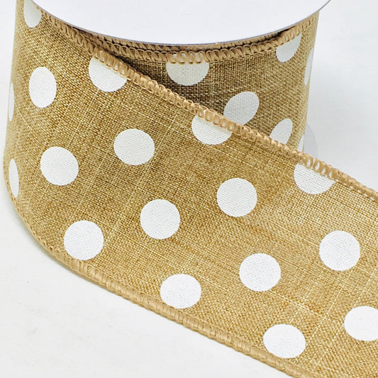 10 Yards - 2.5" Wired Natural and White Polka Dot Ribbon