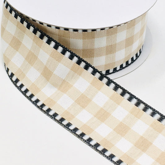 10 Yards - 1.5” Wired Natural and White Check with Black and White Stripe Edge Ribbon