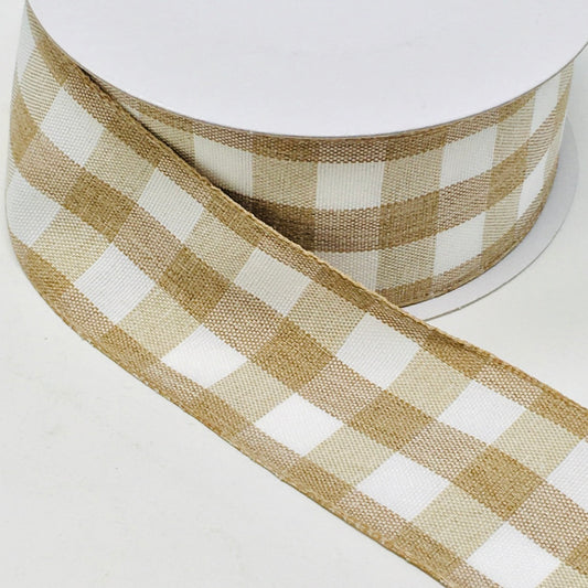 10 Yards - 1.5” Wired Natural and White Check Ribbon