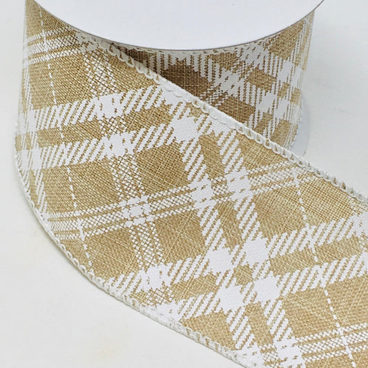 10 Yards - 2.5” Wired Natural and White Cross Check Ribbon