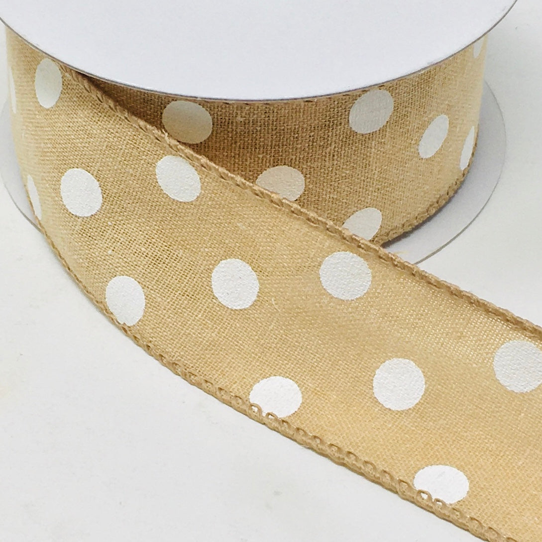 10 Yards - 1.5" Wired Natural and White Polka Dot Ribbon