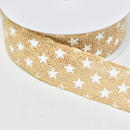 10 Yards - 1.5" Wired White Star Burlap Ribbon