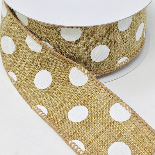 10 Yards - 1.5" Wired Natural and White Polka Dot Ribbon