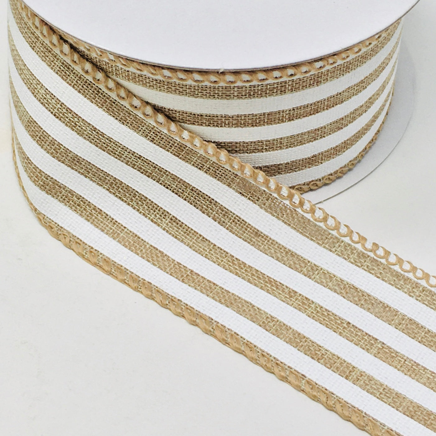 10 Yards - 1.5" Wired Natural and White Stripe Ribbon