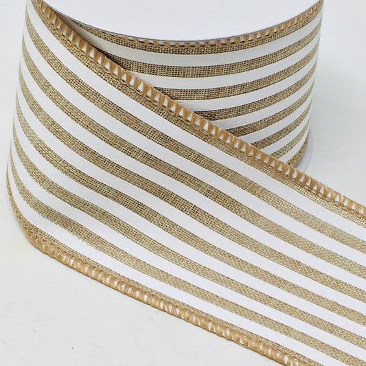 10 Yards - 2.5" Wired Natural and White Stripe Ribbon