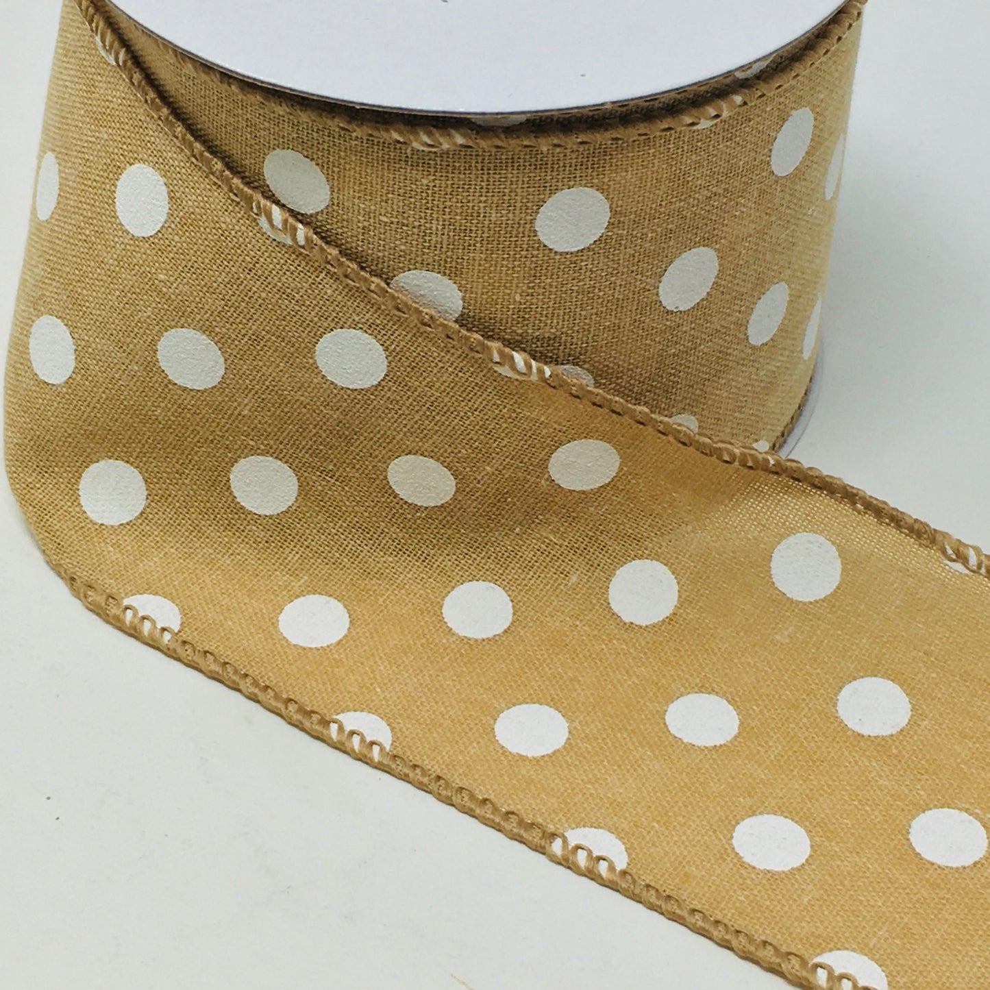 10 Yards - 2.5" Wired Natural and White Polka Dot Ribbon